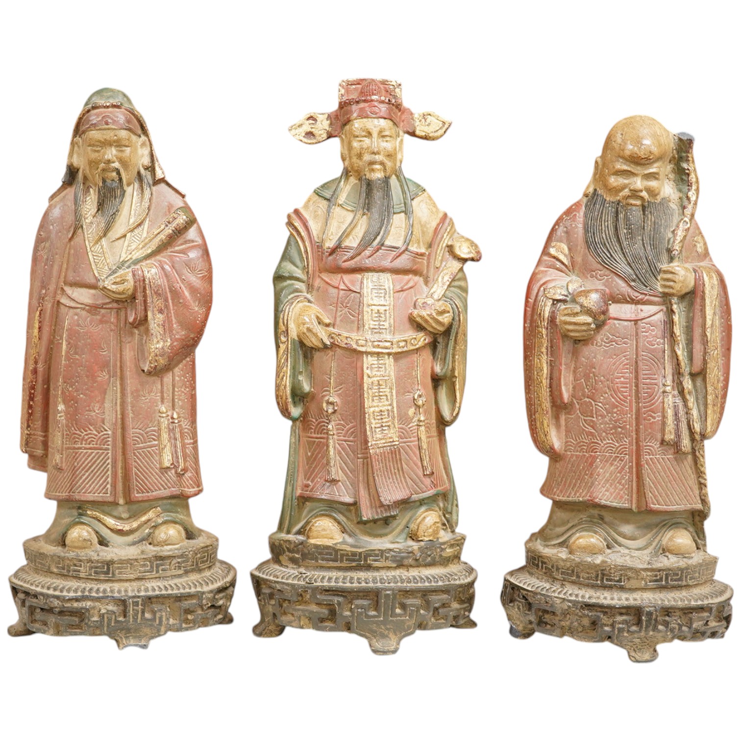 A set of three Chinese polychrome composition figures of the Sanxing (three star gods), tallest 29cm high. Condition - good